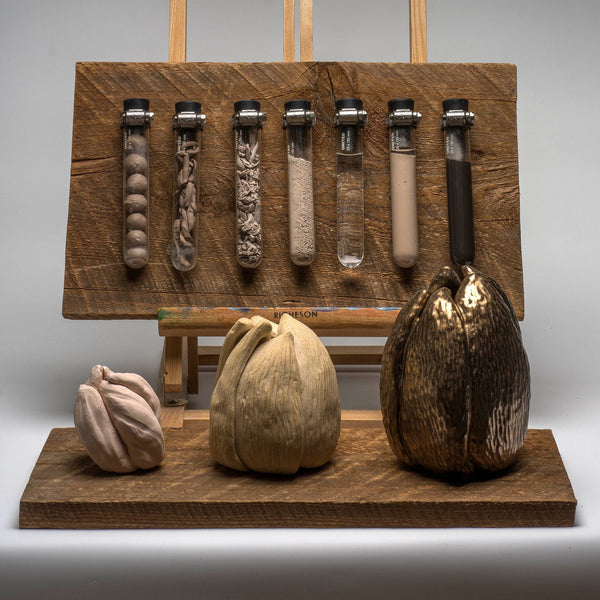 Alchemy Award winning sculpture showing ceramic process with mounted test tubes and sculpted forms on aged wood panels
