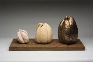 Alchemy Award winning sculpture showing ceramic process with sculpted forms on aged wood panels